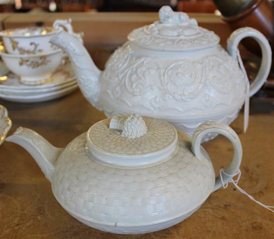 Early 19C Wedgwood foliate scroll-moulded drabware teapot with spaniel finial & similar sheaf & basket-moulded pot (faults)2 Vic cop(-)